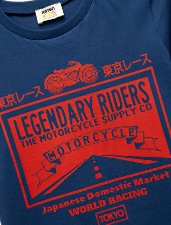 Pamuklu Baskılı Bisiklet Yaka Kısa Kollu Tişört