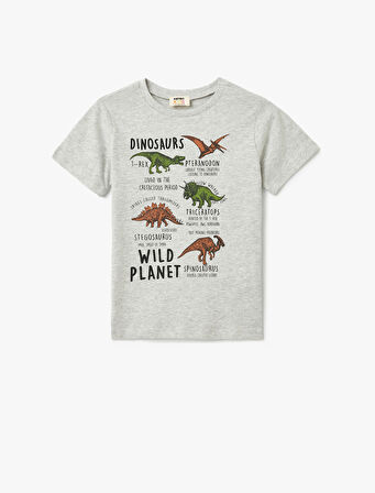 Dinozor Baskılı Bisiklet Yaka Kısa Kollu Pamuklu Tişört