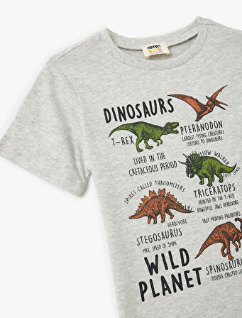 Dinozor Baskılı Bisiklet Yaka Kısa Kollu Pamuklu Tişört