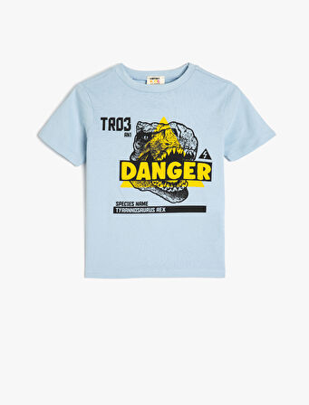 Dinozor Baskılı Bisiklet Yaka Kısa Kollu Pamuklu Tişört