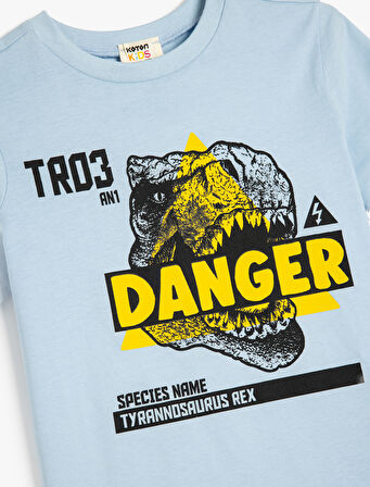 Dinozor Baskılı Bisiklet Yaka Kısa Kollu Pamuklu Tişört