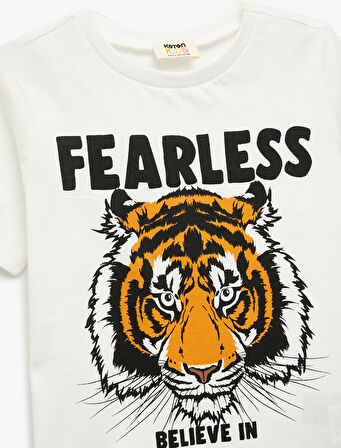 Pamuklu Kaplan Baskılı Kısa Kollu Bisiklet Yaka Tişört