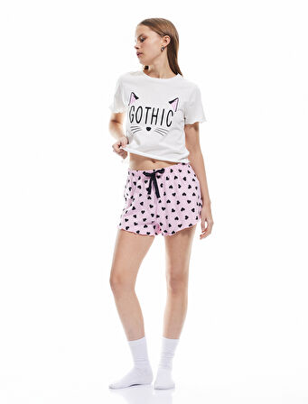 Pamuklu Kısa Kollu Kedi Temalı Kalp Baskılı Şort Pijama Takımı