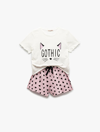 Pamuklu Kısa Kollu Kedi Temalı Kalp Baskılı Şort Pijama Takımı