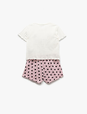 Pamuklu Kısa Kollu Kedi Temalı Kalp Baskılı Şort Pijama Takımı