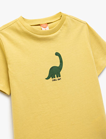 Dinozor Baskılı Kısa Kollu Bisiklet Yaka Pamuklu Tişört