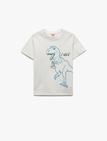 Dinozor Baskılı Kısa Kollu Bisiklet Yaka Pamuklu Tişört