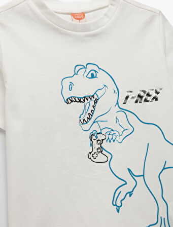 Dinozor Baskılı Kısa Kollu Bisiklet Yaka Pamuklu Tişört