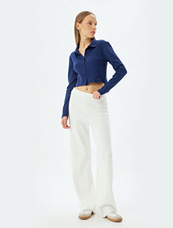 Polo Yaka Tişört Crop Uzun Kollu Düğmeli Slim Fit