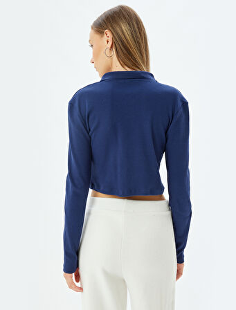 Polo Yaka Tişört Crop Uzun Kollu Düğmeli Slim Fit