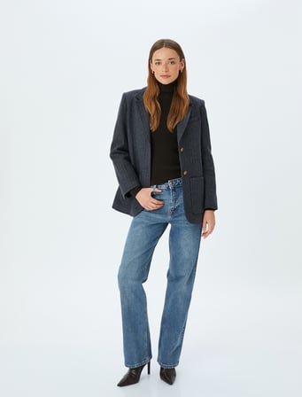 Normal Bel Düz Paça Düğmeli Denim Pantolon - Straight Fit Jean