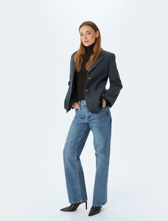 Normal Bel Düz Paça Düğmeli Denim Pantolon - Straight Fit Jean
