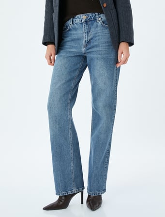Normal Bel Düz Paça Düğmeli Denim Pantolon - Straight Fit Jean