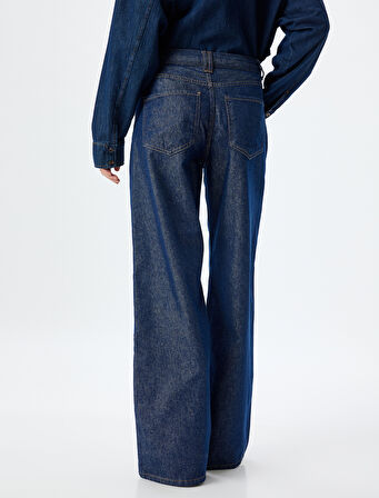 Geniş Paça Kot Pantolon Dikiş Detaylı Cepli Düğmeli Normal Bel - Wide Leg Jeans