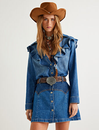 Kot Gömlek Fırfır Detaylı Uzun Kollu Düğmeli Bol Kalıp