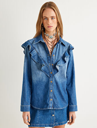 Kot Gömlek Fırfır Detaylı Uzun Kollu Düğmeli Bol Kalıp