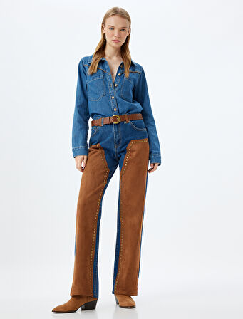 Kot Gömlek Uzun Kollu Suni Deri Detaylı Cepli Klasik Yaka Düğmeli