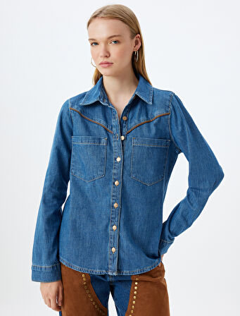 Kot Gömlek Uzun Kollu Suni Deri Detaylı Cepli Klasik Yaka Düğmeli