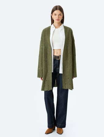 Oversize V Yaka Dökümlü Uzun Triko Hırka