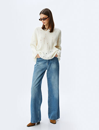 Bisiklet Yaka Yıpratılmış Uzun Kollu Rahat Kalıp Triko Kazak