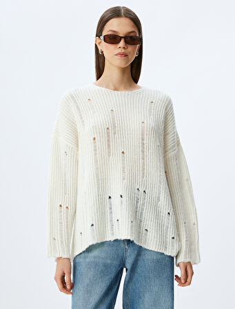 Bisiklet Yaka Yıpratılmış Uzun Kollu Rahat Kalıp Triko Kazak