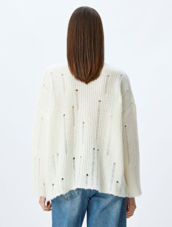 Bisiklet Yaka Yıpratılmış Uzun Kollu Rahat Kalıp Triko Kazak