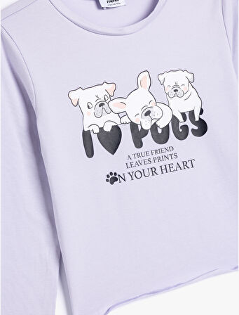 Köpek Baskılı Crop Tişört Uzun Kollu Bisiklet Yaka