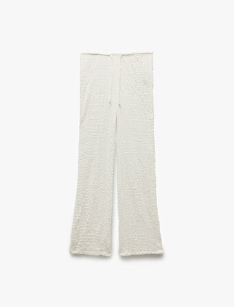 Beli Bağlamalı Dokulu Bol Düz Paça Pantolon
