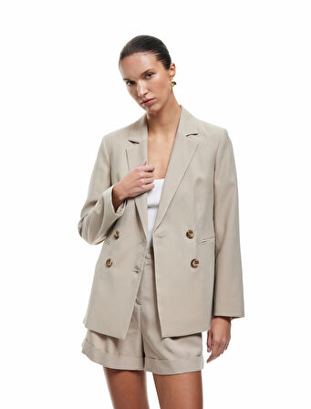 Viskon Kumaş Uzun Kollu Kruvaze Oversize Blazer Ceket