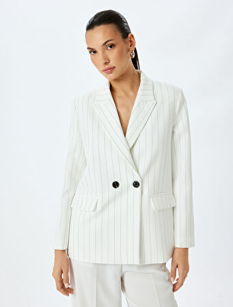 Uzun Kollu Çizgili Kruvaze Oversize Blazer Ceket