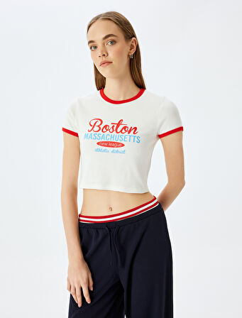 Baskılı Kısa Kollu Bisiklet Yaka Slim Fit Crop Kaşkorse Tişört