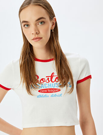 Baskılı Kısa Kollu Bisiklet Yaka Slim Fit Crop Kaşkorse Tişört