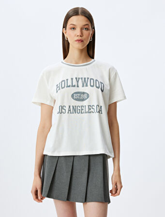 Kolej Baskılı Biyeli Bisiklet Yaka Kısa Kollu Pamuklu Tişört