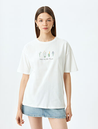 Slogan Baskılı Kısa Kollu Bisiklet Yaka Rahat Kalıp Tişört