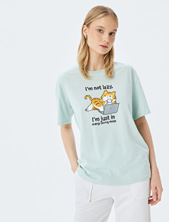 Kedi Baskılı Bisiklet Yaka Kısa Kollu Rahat Kalıp Tişört