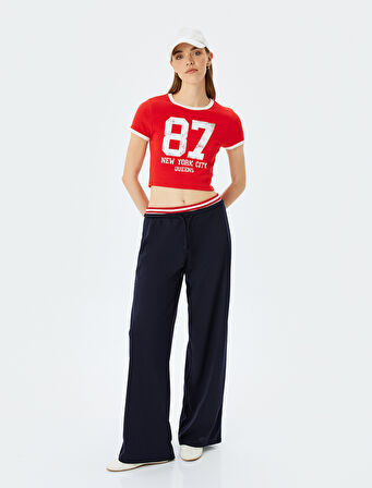 Baskılı Kısa Kollu Bisiklet Yaka Slim Fit Crop Kaşkorse Tişört
