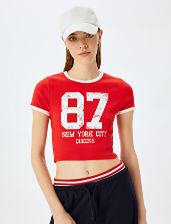 Baskılı Kısa Kollu Bisiklet Yaka Slim Fit Crop Kaşkorse Tişört
