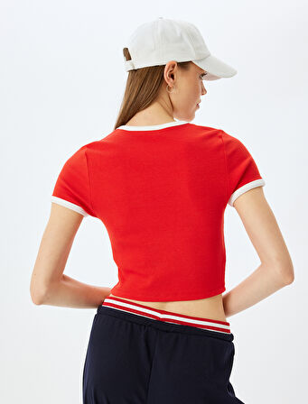 Baskılı Kısa Kollu Bisiklet Yaka Slim Fit Crop Kaşkorse Tişört