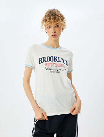 Slogan Baskılı Pamuklu Bisiklet Yaka Kısa Kollu Tişört