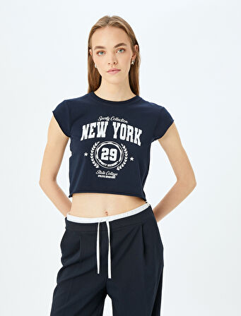 Kolej Baskılı Bisiklet Yaka Kısa Kollu Crop Tişört