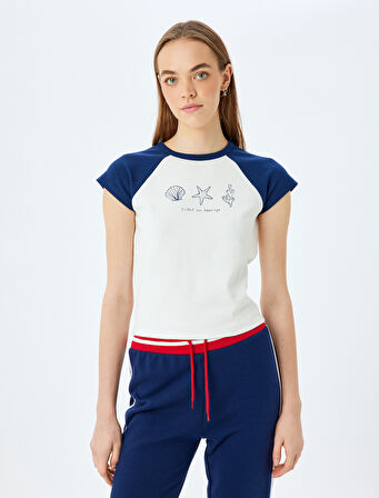 Baskılı Renk Bloklu Slim Fit Kısa Kollu Tişört