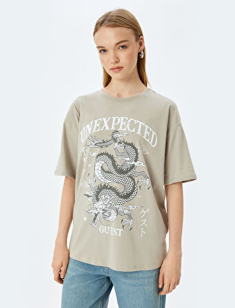 Slogan Baskılı Bisiklet Yaka Kısa Kollu Oversize Tişört