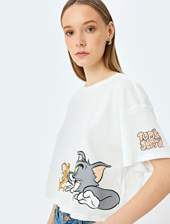 Tom ve Jerry Lisanslı Baskılı Oversize Crop Tişört