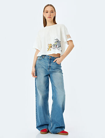Tom ve Jerry Lisanslı Baskılı Oversize Crop Tişört