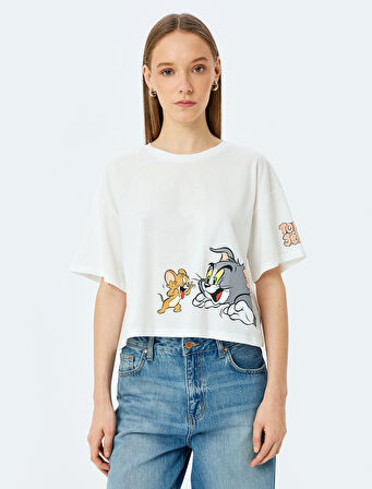 Tom ve Jerry Lisanslı Baskılı Oversize Crop Tişört