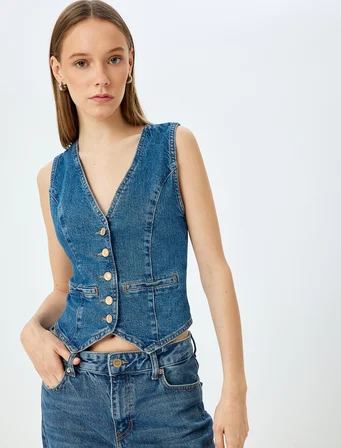 Düğmeli V Yaka Kolsuz Denim Yelek
