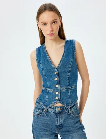 Düğmeli V Yaka Kolsuz Denim Yelek
