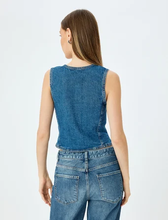 Düğmeli V Yaka Kolsuz Denim Yelek