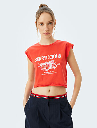 Crop Bisiklet Yaka Kolsuz Slogan Baskılı Tişört