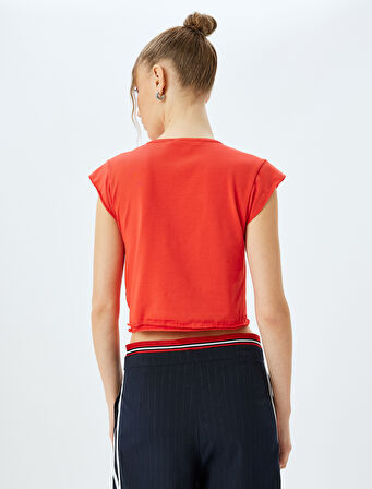 Crop Bisiklet Yaka Kolsuz Slogan Baskılı Tişört